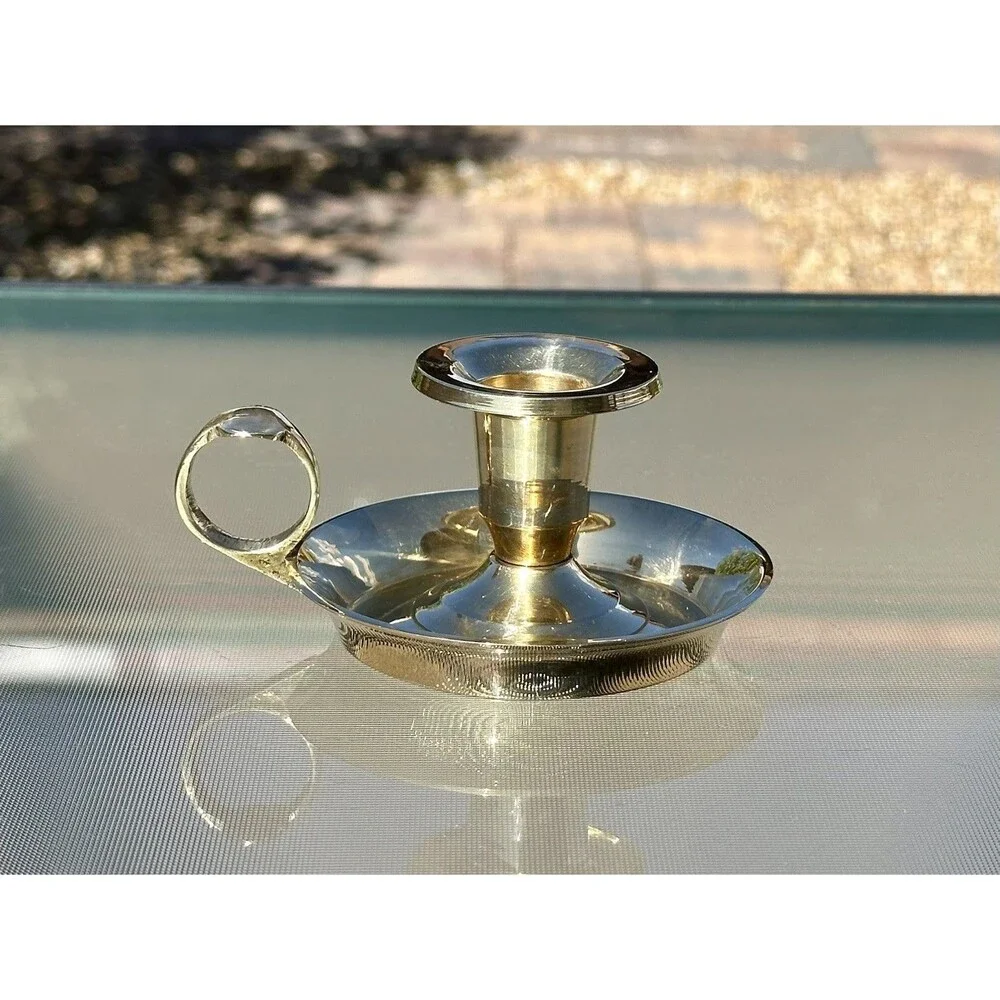 Solid Brass Chamberstick Candle Holder Finger Loop Drip Pan Made In India
